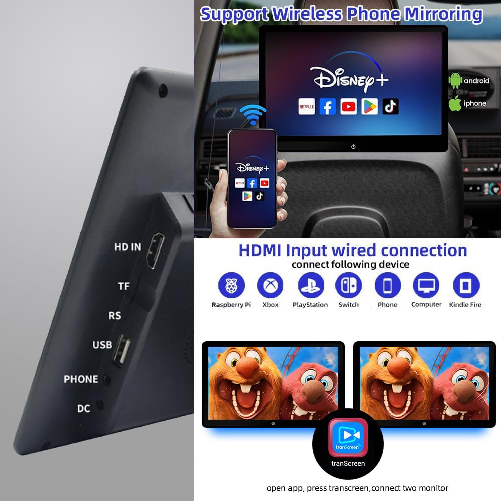 Monitor de TV Android 12 de 10.1 Pulgadas para Asiento Trasero Tablet Wifi Bluetooth USB AV