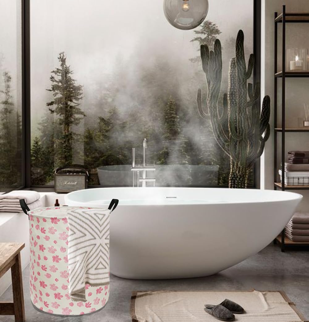 ACMUUNI Cesta de lavandería de 19.7 pulgadas con flores rosas, cesta de lavandería con asas, contenedores organizadores de almacenamiento, cesta de regalo para lavandería para la habitación
