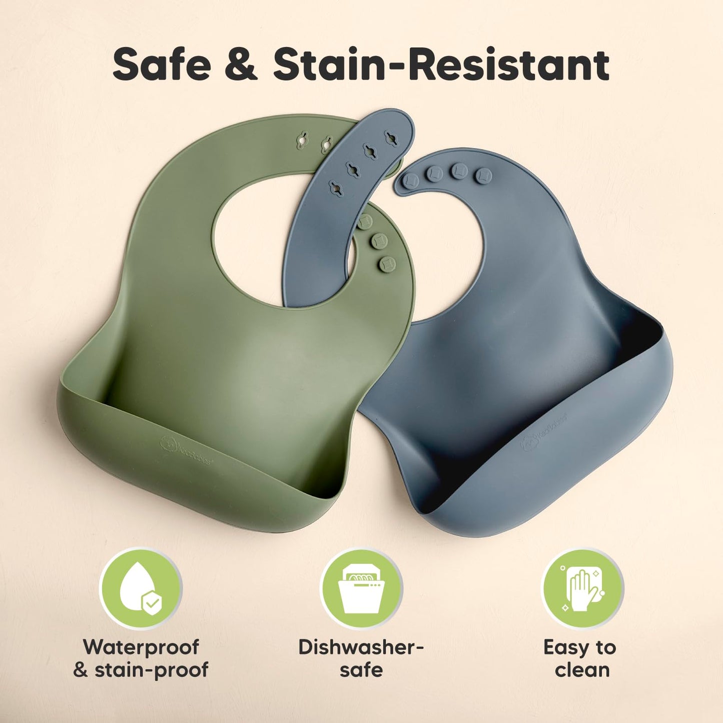 KeaBabies - Paquete de 2 baberos de silicona de grado alimenticio resistentes para bebés, niñas, niños, colector de alimentos grande, limpiar y poner fácilmente, esenciales de alimentación para niños