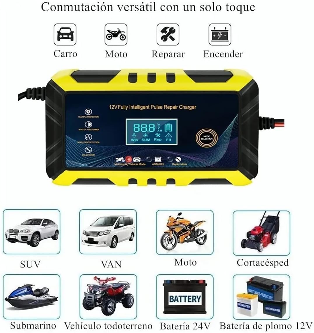 Cargador Inteligente de Batería 12V para Auto/Motocicleta | LCD, Carga Automática 3 Etapas, Protección Múltiple, Apto para Gel/AGM/Húmedas | Modos Estacionales