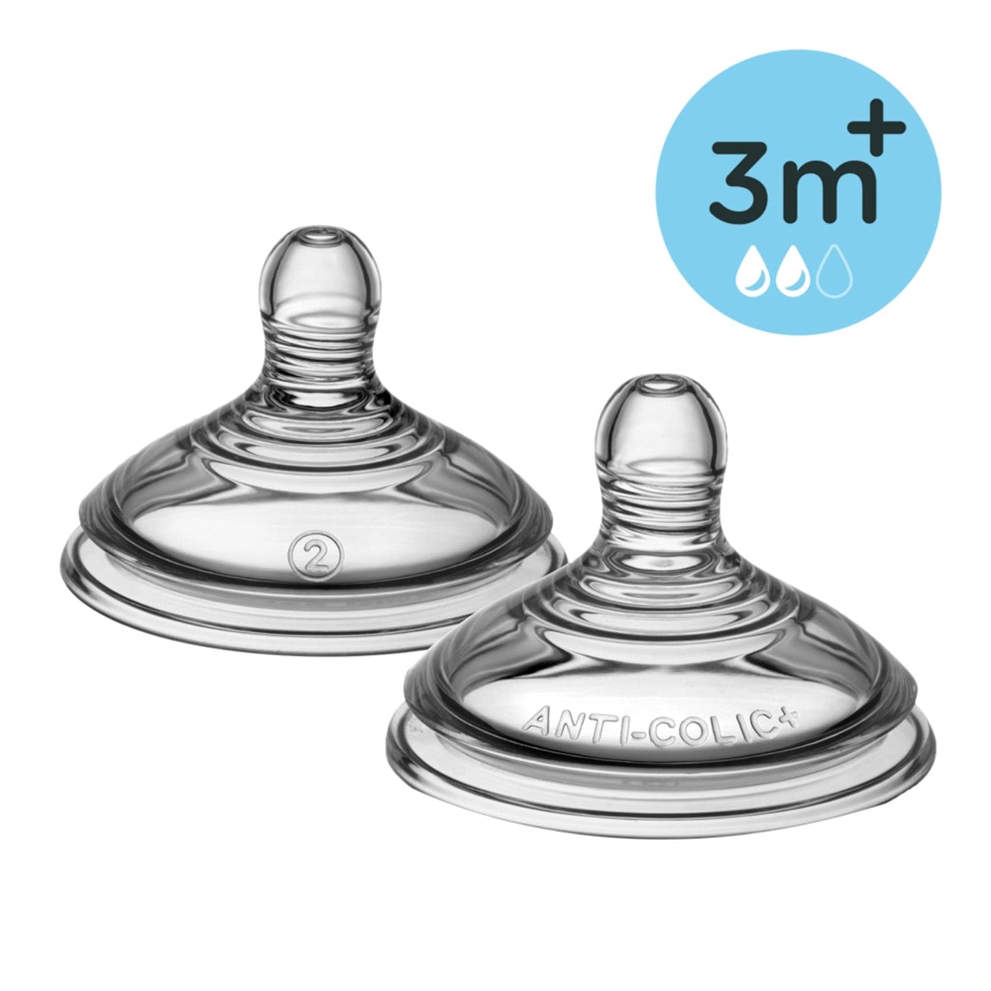 Tommee Tippee Closer to Nature Baby Bottle Teats, Breast-Like, Anti-Colic Valve, Soft Silicone, Medium Flow, 3m+, Pack of 2