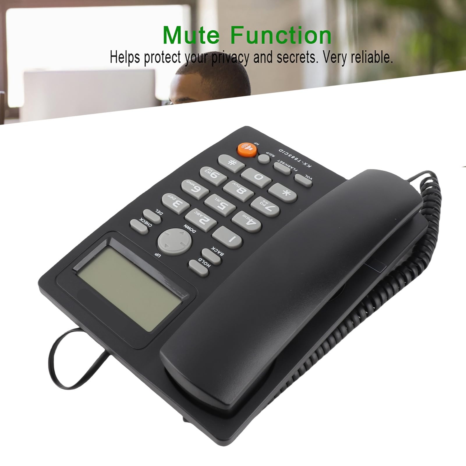 Teléfono con Cable Identificador de Llamadas Teléfono Manos Libres Oficina Hogar Hotel Teléfono Fijo Claro Sonido Marcado Rápido Función de Pausa / Retención Último Número Volver a Marcar(Negro)