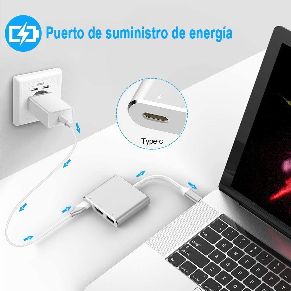 BOJOOM Adaptador USB C a HDMI, 3 en 1 Adaptador Tipo C Multipuerto USB C Hub con Salida HDMI 4K, Puerto USB 3.0 y Puerto de Carga USB-C Compatible con MacBook/iMac/Chromebook/Samsung/Projector/Laptop