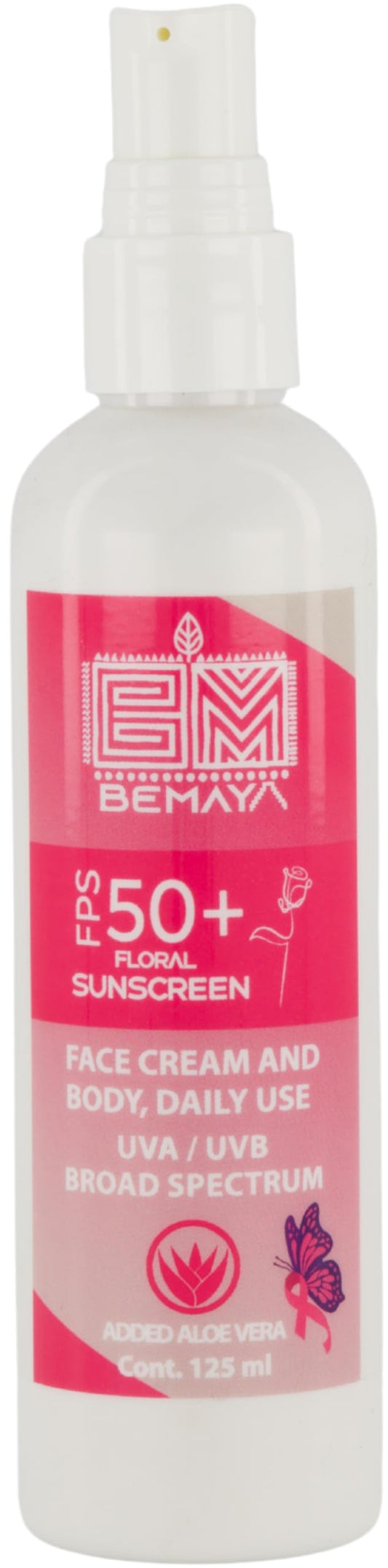 Bemaya Protector Solar Mineral Corporal FPS 50+ Biodegradable | Óxido de Zinc | Protección UVA/UVB | Aroma Floral | 125 ml