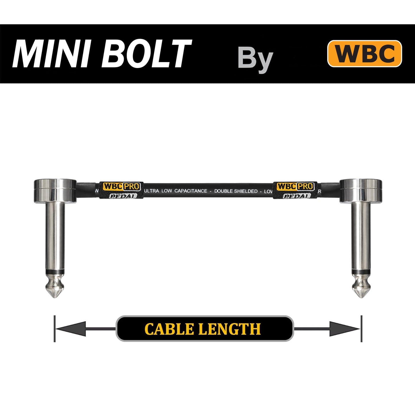 4 pulgadas - WBC-PRO-PEDAL – 22 AWG – Baja capacitancia (18pF/pie) – De grado profesional – A base de grafito – Cable de pedal, efectos, patch, instrumento de doble blindaje con enchufes TS angulares
