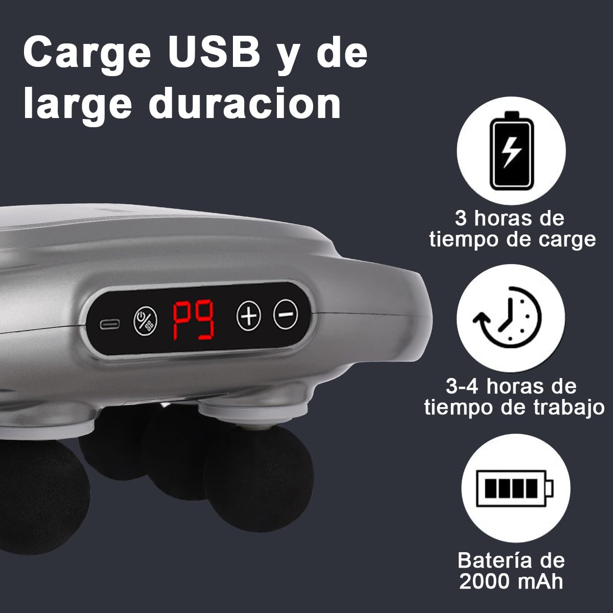 YUDSKU Pistola de Masaje de 6 Cabezas，Masajeador Eléctrico de Tejido Profundo Ajustable de 9 Modos Y 9 Niveles con Pantalla LCD, Masajeador Muscular de Cuerpo Completo con Múltiples Cabezas para Relajar Los Músculos Y Aliviar el Dolor(Gris)