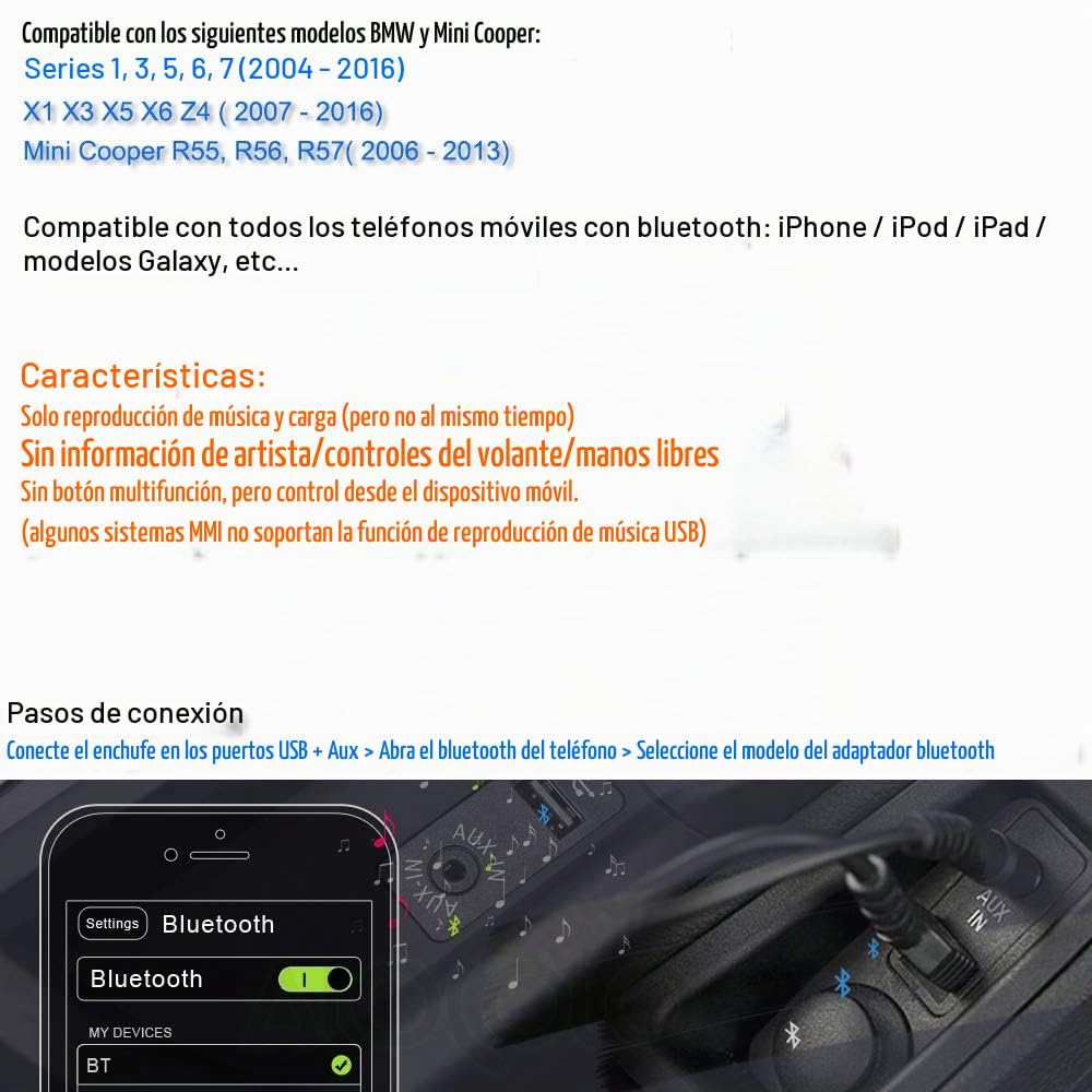 Adaptador Bluetooth Bojer Negro Compatible con Mini Cooper BMW y Teléfonos Apple Android Music AUX 3.5 Cable Inalámbrico