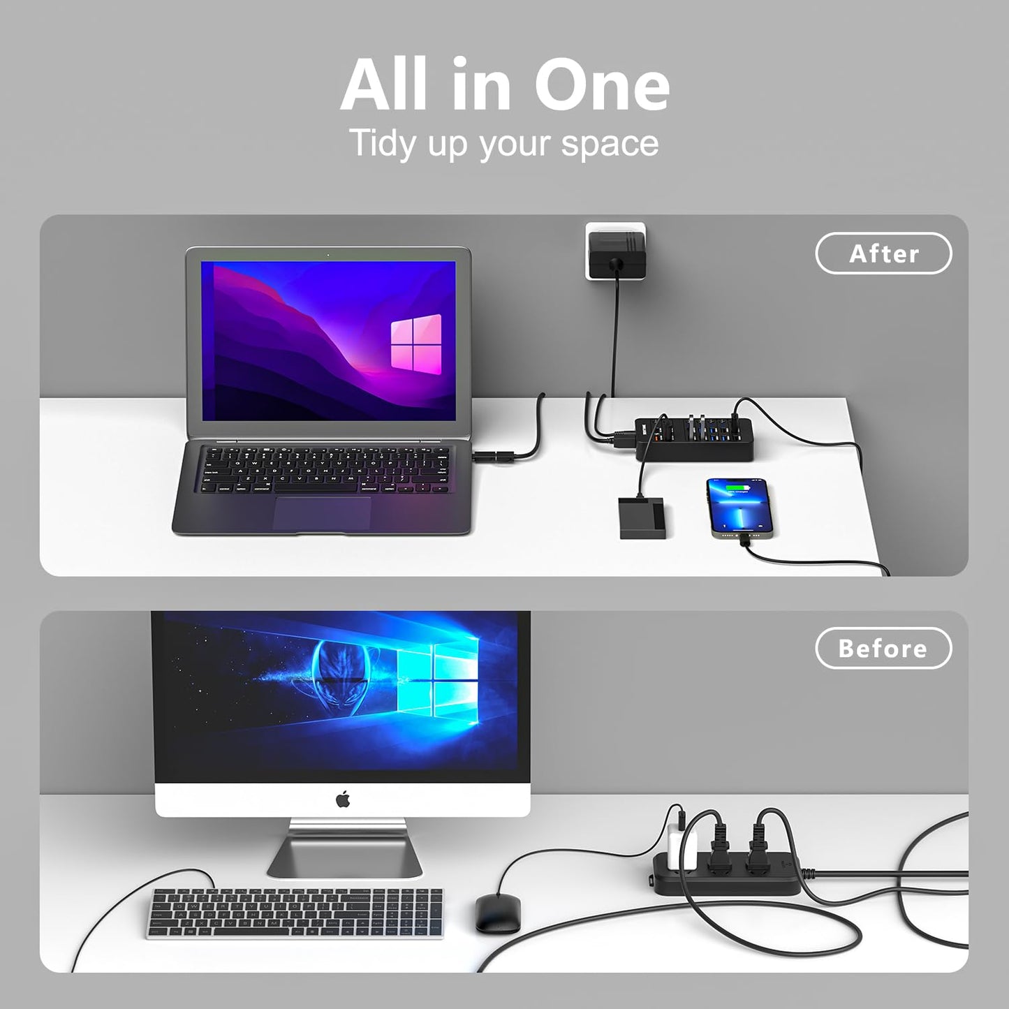 Hub USB SENTANK Negro con 14 Puertos y Carga Rápida