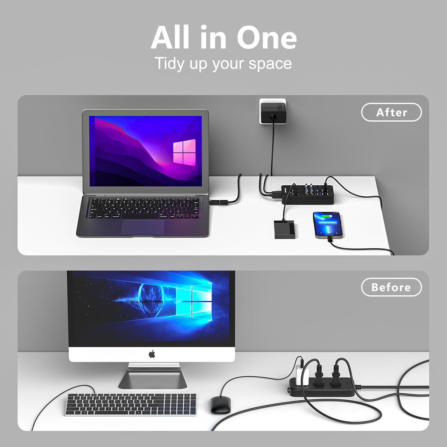 Hub USB SENTANK Negro con 14 Puertos y Carga Rápida