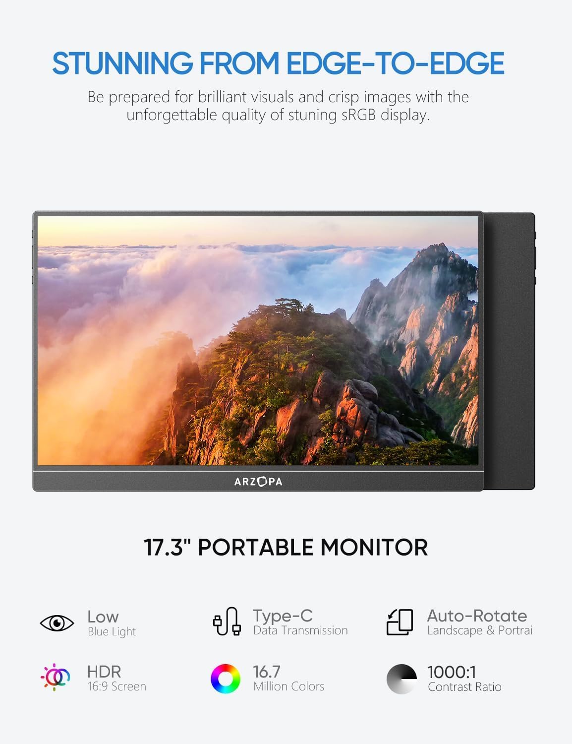Monitor Portátil ARZOPA 17.3 Pulgadas 1080P FHD IPS Soporte Integrado HDMI USB C Pantalla Externa Gaming con Altavoces Duales