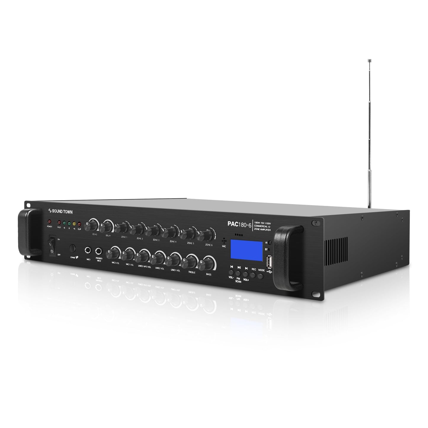 Amplificador de Potencia Comercial Sound Town 180W Aluminio Bluetooth 6-Zona para Restaurantes y Bares