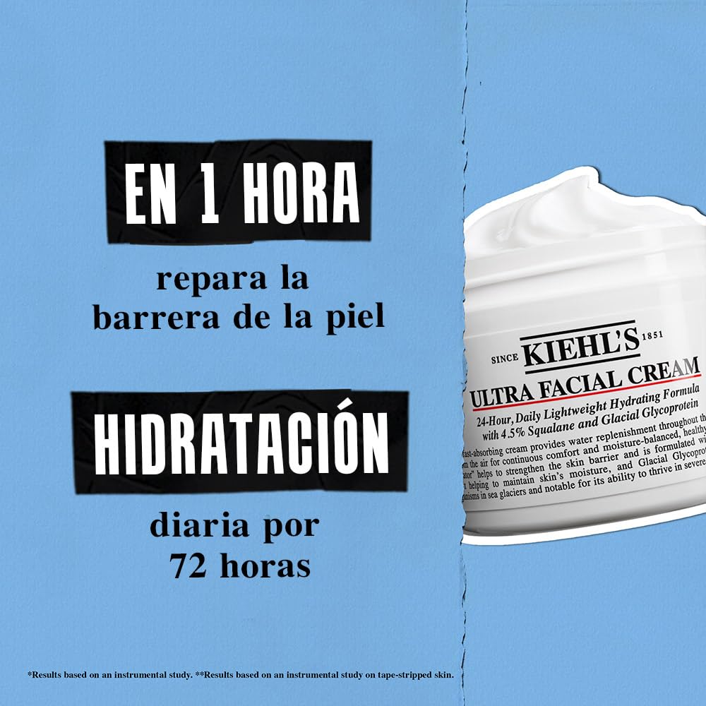 Kiehl's Ultra Facial Face Cream, hidratante facial ligero no graso que deja la piel 2.3 veces más hidratada al instante, fortalece la barrera de la piel, Sin Alcohol, Con 4.5% de Escualano, 28 ml