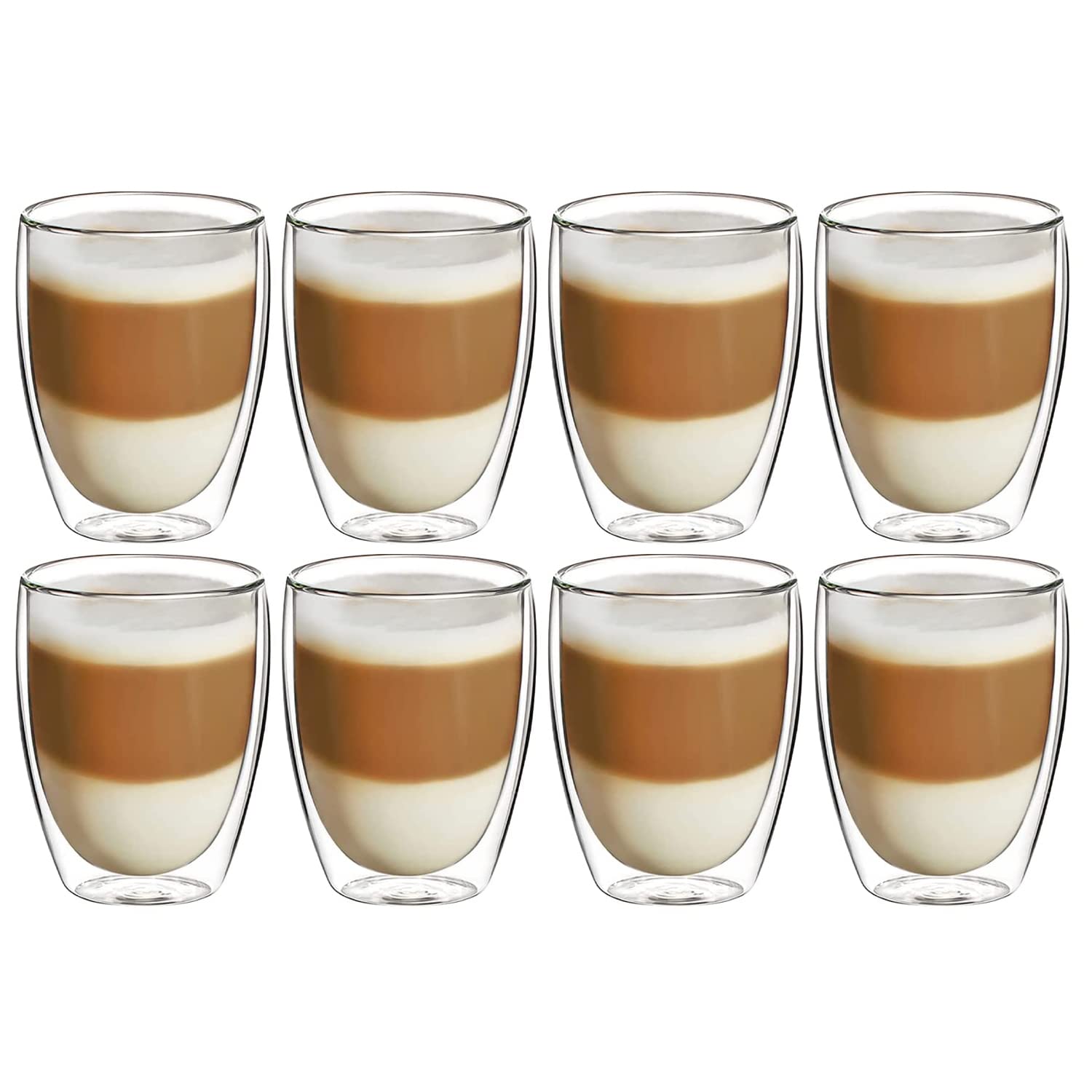 EASYWARE Premium Set de Vasos y Tazas de Doble Pared de Vidrio Termico Borosilicato Para Capucchino Espresso Té Café Etc (8 x 350 ml