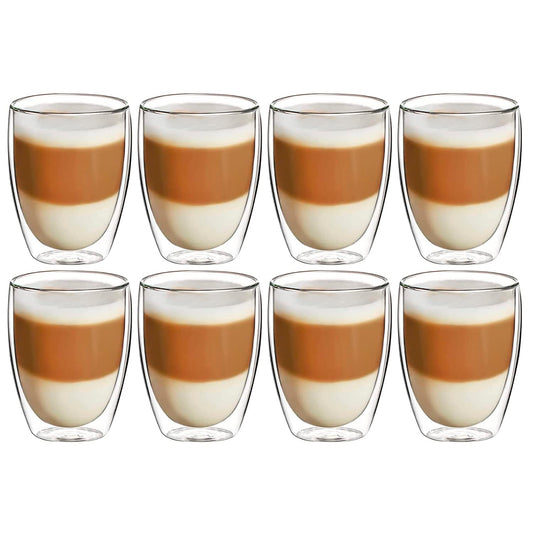 EASYWARE Premium Set de Vasos y Tazas de Doble Pared de Vidrio Termico Borosilicato Para Capucchino Espresso Té Café Etc (8 x 350 ml