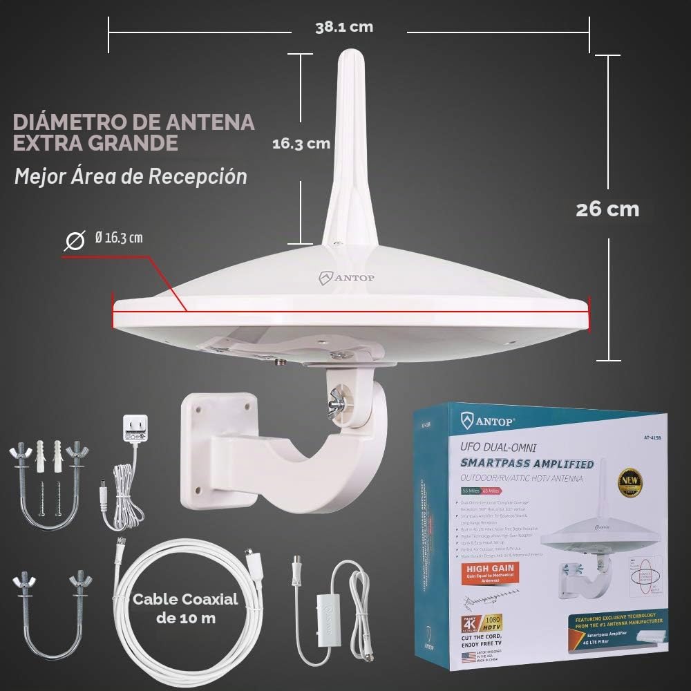 Antena HDTV ANTOP UFO 720° Blanco con Amplificador Smartpass y Filtro 4G LTE para Exteriores