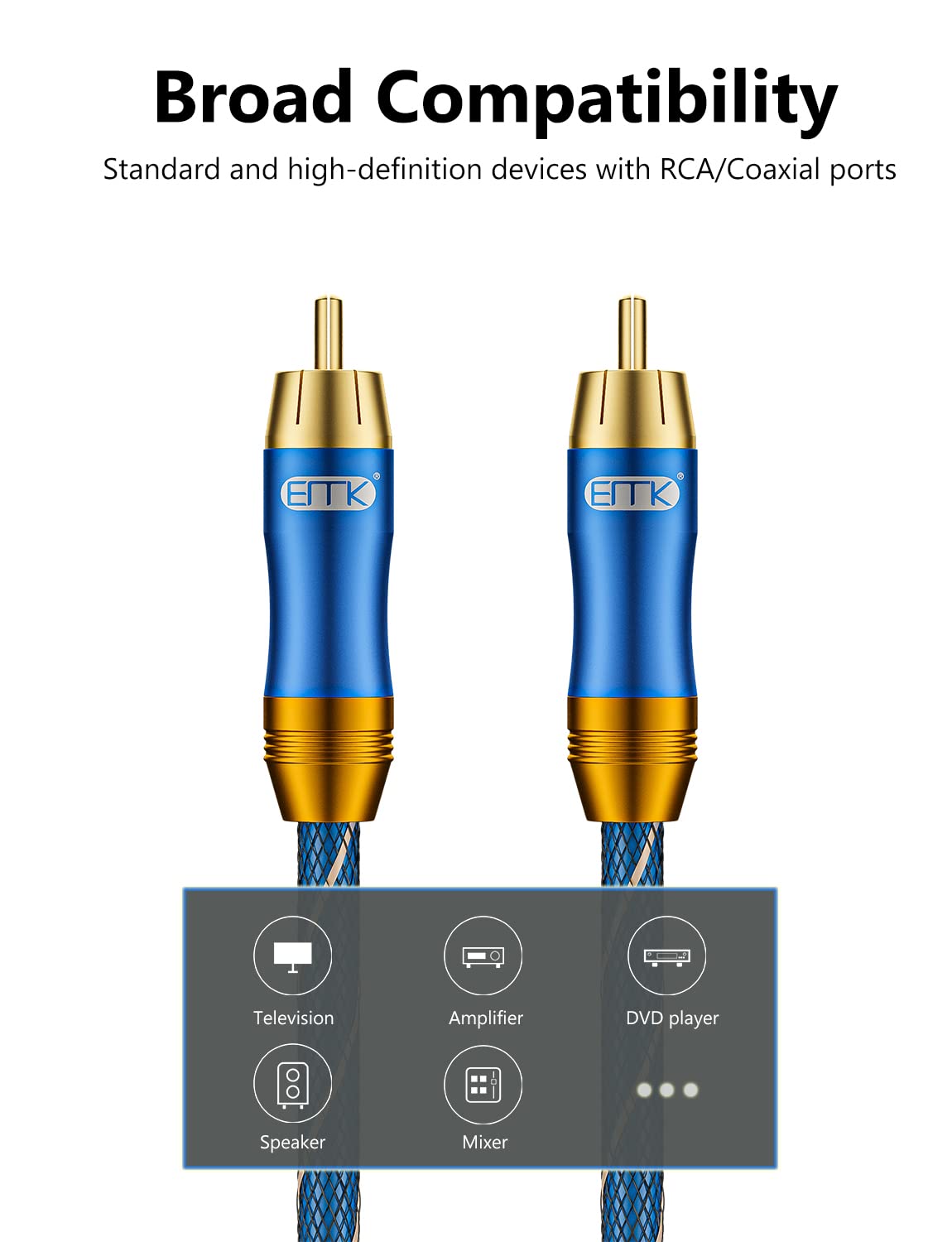 Subwoofer Cable,EMK Digital Coaxial Audio Cable [OD6.0Nylon Jacket] Premium S/PDIF RCA Male to RCA Male for Home Theater, HDTV, Subwoofer, Hi-Fi Systems - 3Feet/1Meters