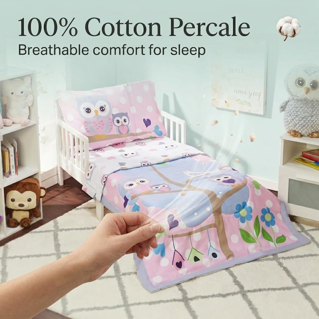 EVERYDAY KIDS Juego de ropa de cama de 4 piezas para niños pequeños - Búhos - Suave 100% Algodón Percal - Incluye edredón, sábana encimera, sábana bajera ajustable y funda de almohada reversible