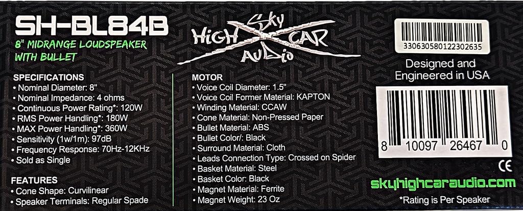 Sky High Car Audio SH-BL84B - Altavoz de rango medio (altavoz único)