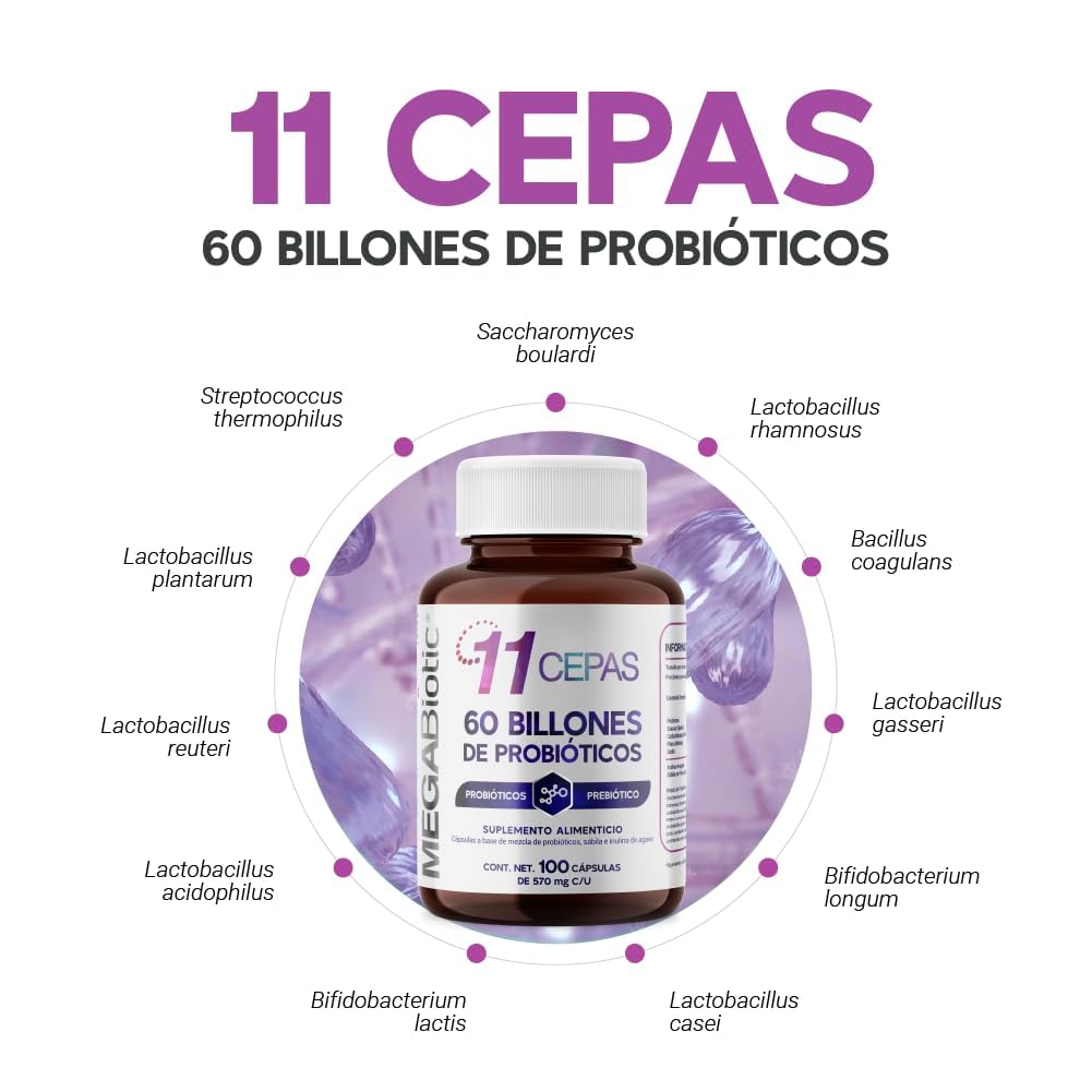 Suplemento Alimenticio MegaBiotic Probióticos 60 Billones 11 Cepas y Inulina de Agave Cont. 100 Caps.
