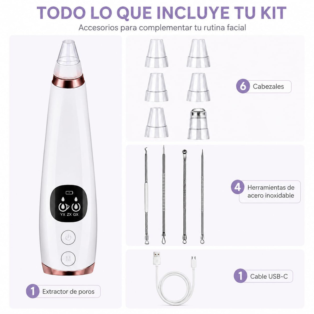 Succionador de Puntos Negros, 3 Niveles, 6 Cabezales y Pantalla LED