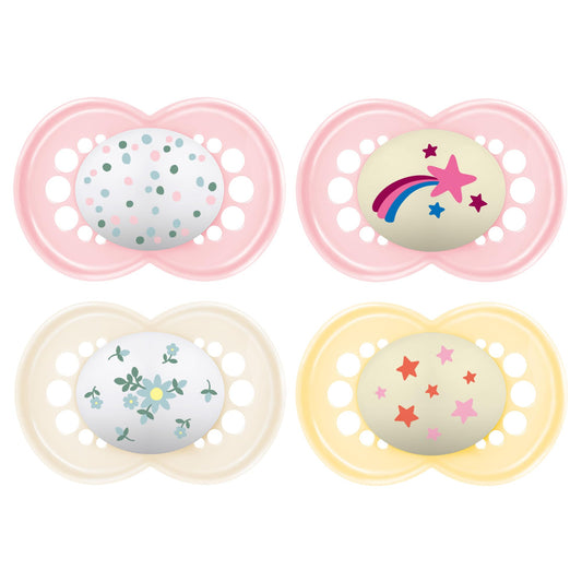 MAM Chupetes de día y noche, chupete que brilla en la oscuridad para bebés amamantados, la forma de pezón ayuda a promover un desarrollo oral saludable, pezón de silicona sin BPA, fácil de limpiar,