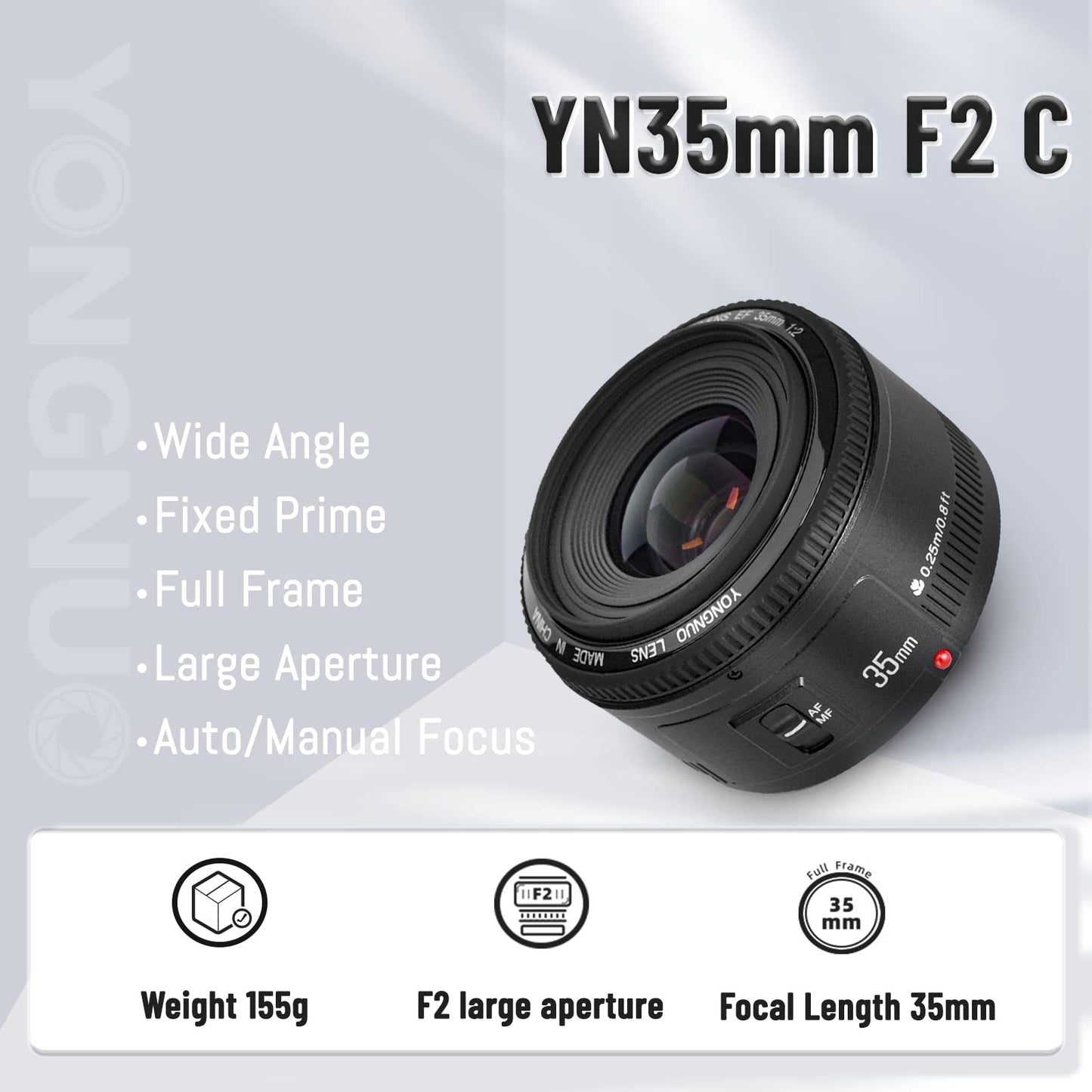 YONGNUO YN35mm F2 Lente 1: 2 AF / MF Lente Gran Angular de Ángulo Grano Fijo / Fijo Para Canon EF Mount EOS Camera