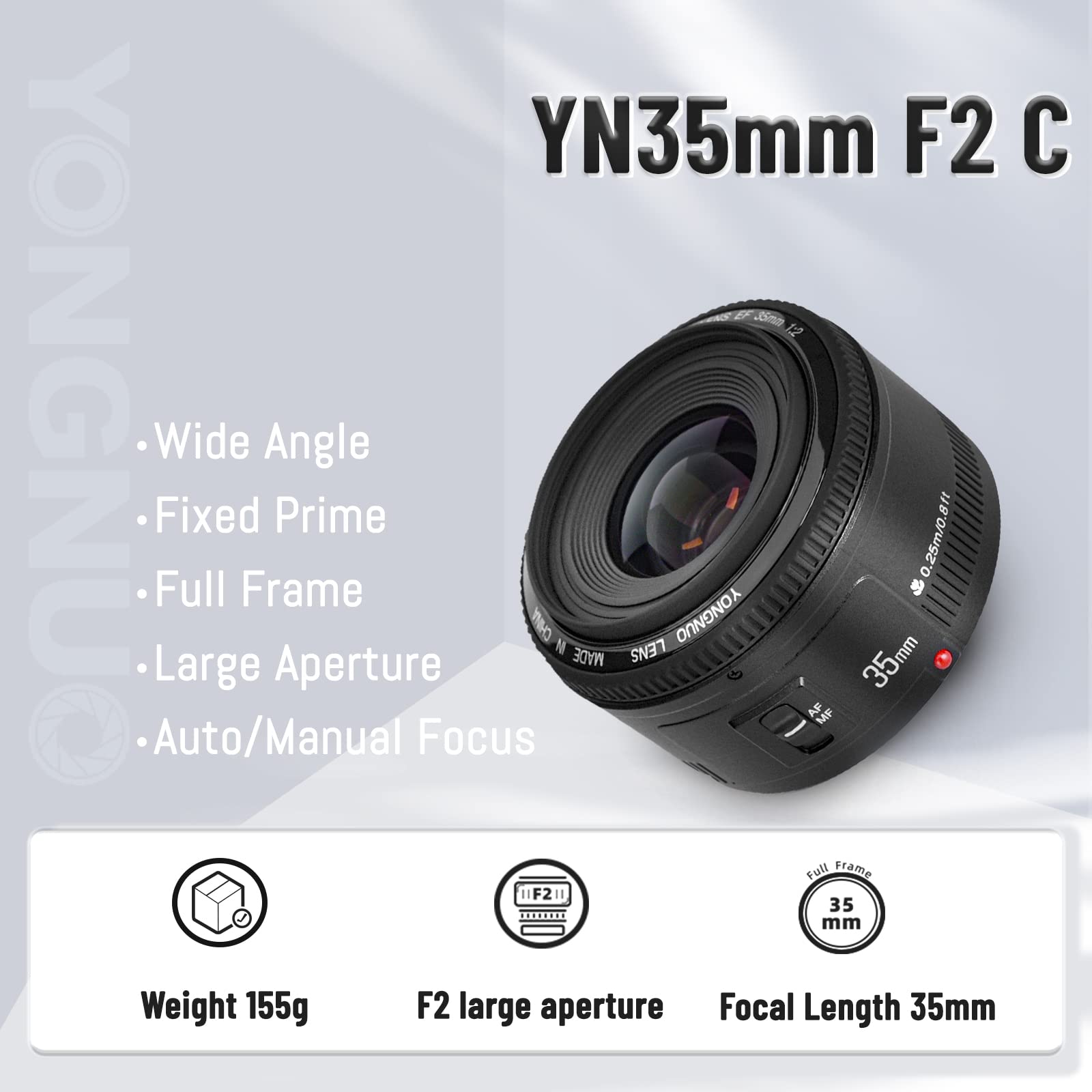 YONGNUO YN35mm F2 Lente 1: 2 AF / MF Lente Gran Angular de Ángulo Grano Fijo / Fijo Para Canon EF Mount EOS Camera