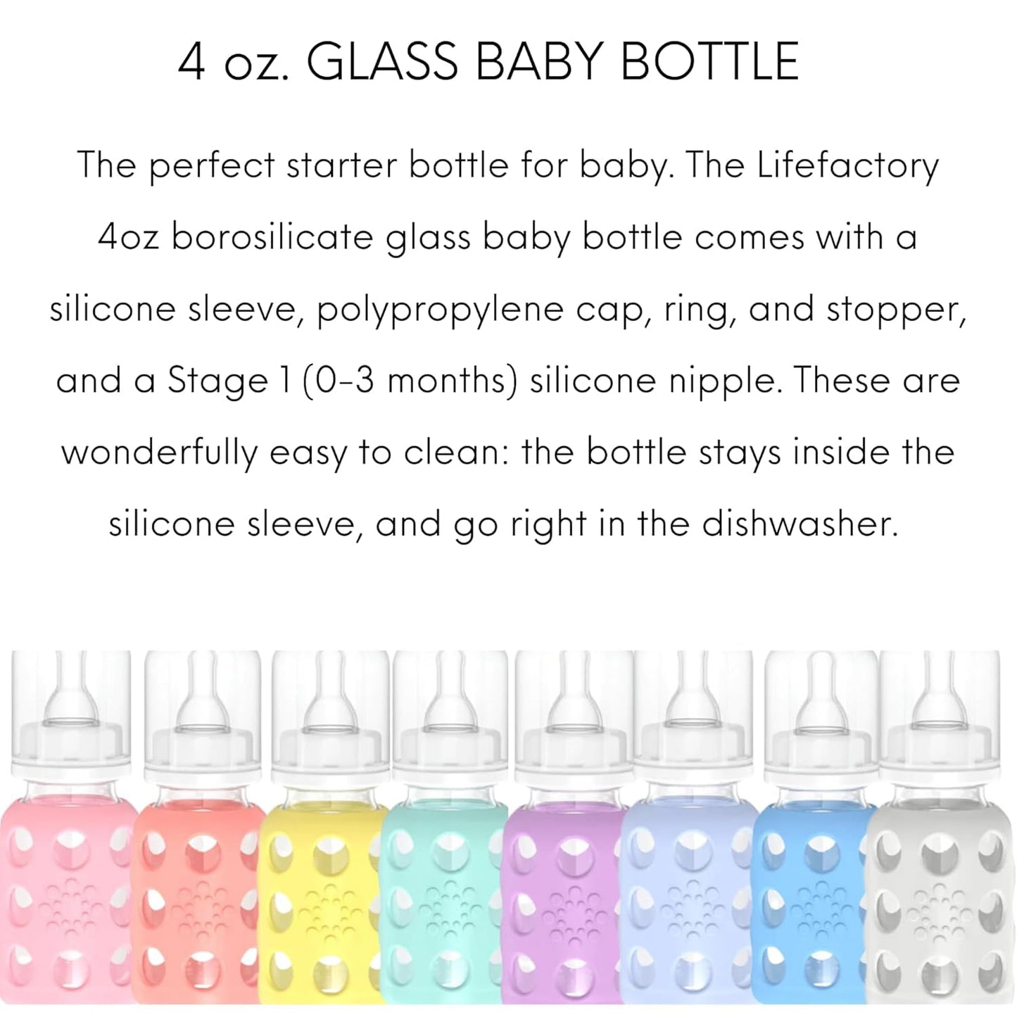 Lifefactory - Biberón de vidrio sin BPA, funda protectora de silicona, 4 onzas, paquete de 4 unidades, menta y cantalupo