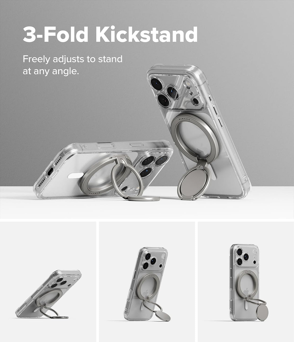 Soporte Magnético Dual Ringke Satin Silver con Bisagra Ajustable Multiángulo para iPhone, Galaxy, Pixel y Otros Celulares Compatible con MagSafe