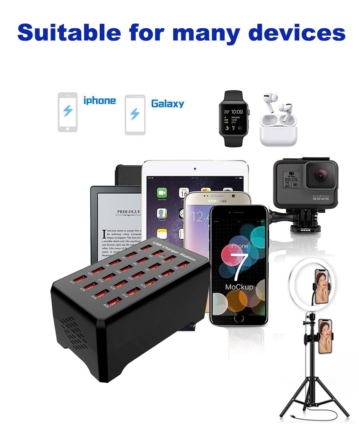 Estación de Carga USB MaxLax Negro de 20 Puertos 100W Compatible con Smartphones y Tabletast