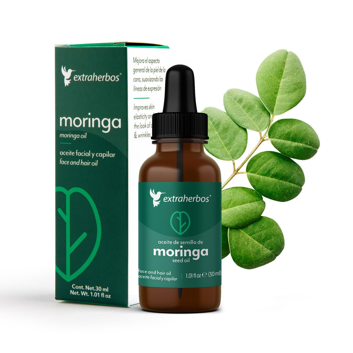 Extraherbos Aceite de Moringa Puro Orgánico, Prensado en Frío, Facial y Capilar, Antiedad, Rico en Vitamina E - Hidratación Profunda, Elasticidad y Reducción de Arrugas, 30ml