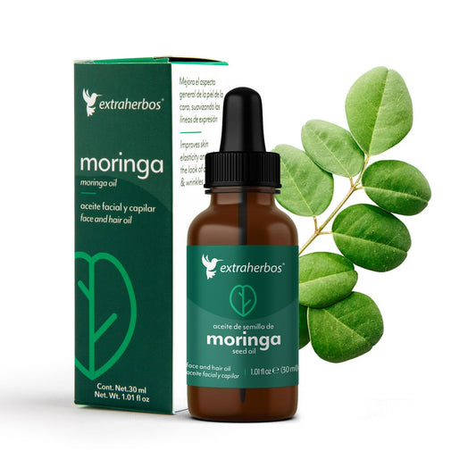 Extraherbos Aceite de Moringa Puro Orgánico, Prensado en Frío, Facial y Capilar, Antiedad, Rico en Vitamina E - Hidratación Profunda, Elasticidad y Reducción de Arrugas, 30ml