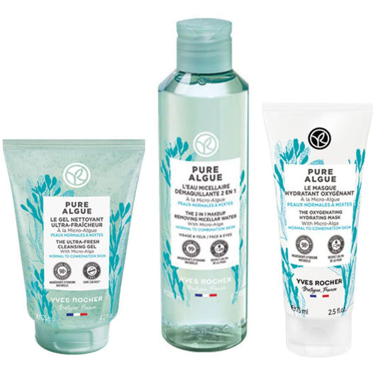 Kit Yves Rocher Rutina facial ultra refrescante: Gel Limpiador (125 ml) + Agua Micelar desmaquillante 2 en 1 (200 ml) + Mascarilla facial hidratante oxigenante (75 ml) Pure Algue