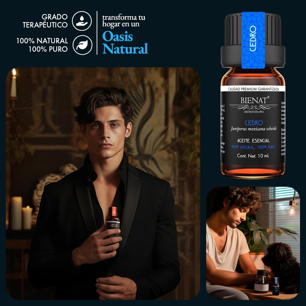 BIENAT AROMATERAPIA Aceite Esencial de Cedro 10mL | 100% Puro y Concentrado | Ideal para Difusor de Aromas, Humidificador, Aromaterapia, Masajes, Meditación, Jabones y Velas | Esencia Natural en Gotas