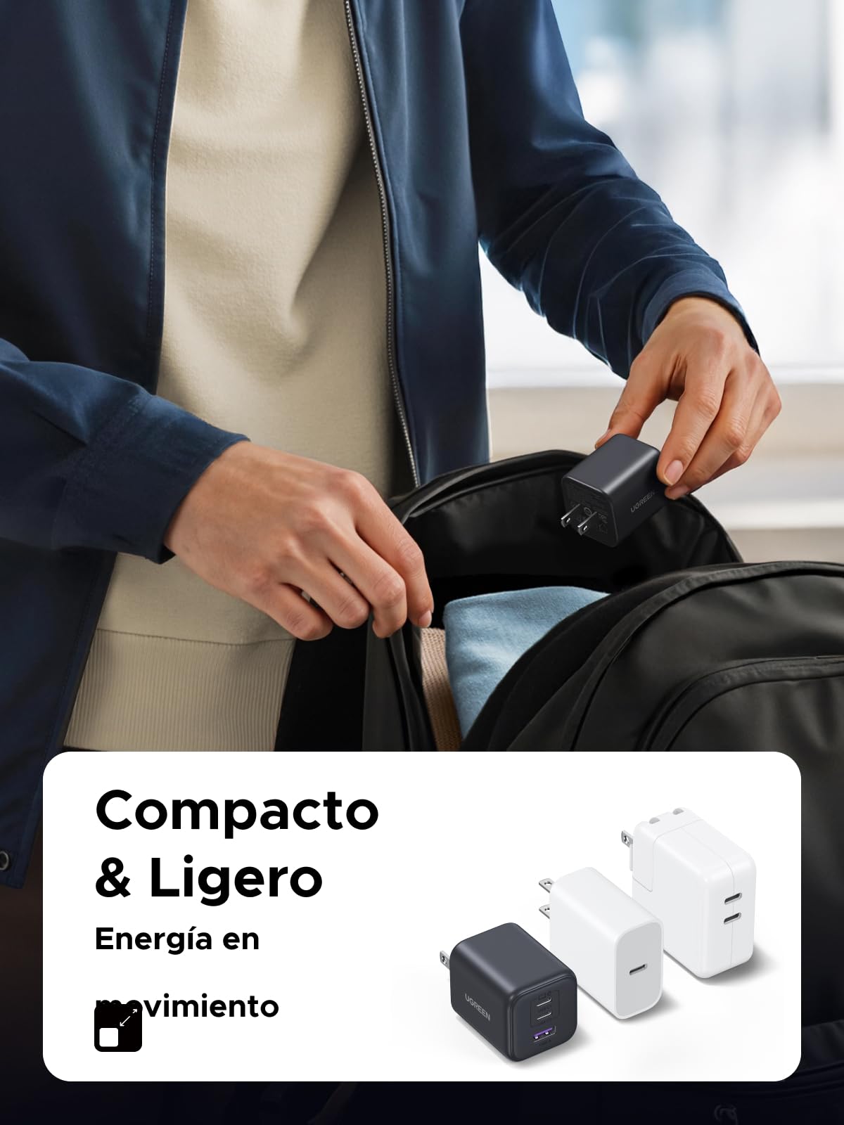 Cargador Portátil UGREEN 45W GAN Negro con Carga Súper Rápida 2.0 para Galaxy y iPhone