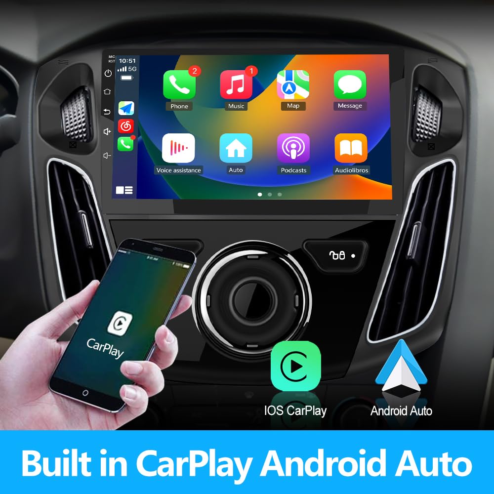Android 12 [2G+64G] Radio estéreo de coche compatible con Ford Focus 2012-2017, navegación GPS integrada CarPlay Android Auto Bluetooth WiFi SWC Unidad principal auto