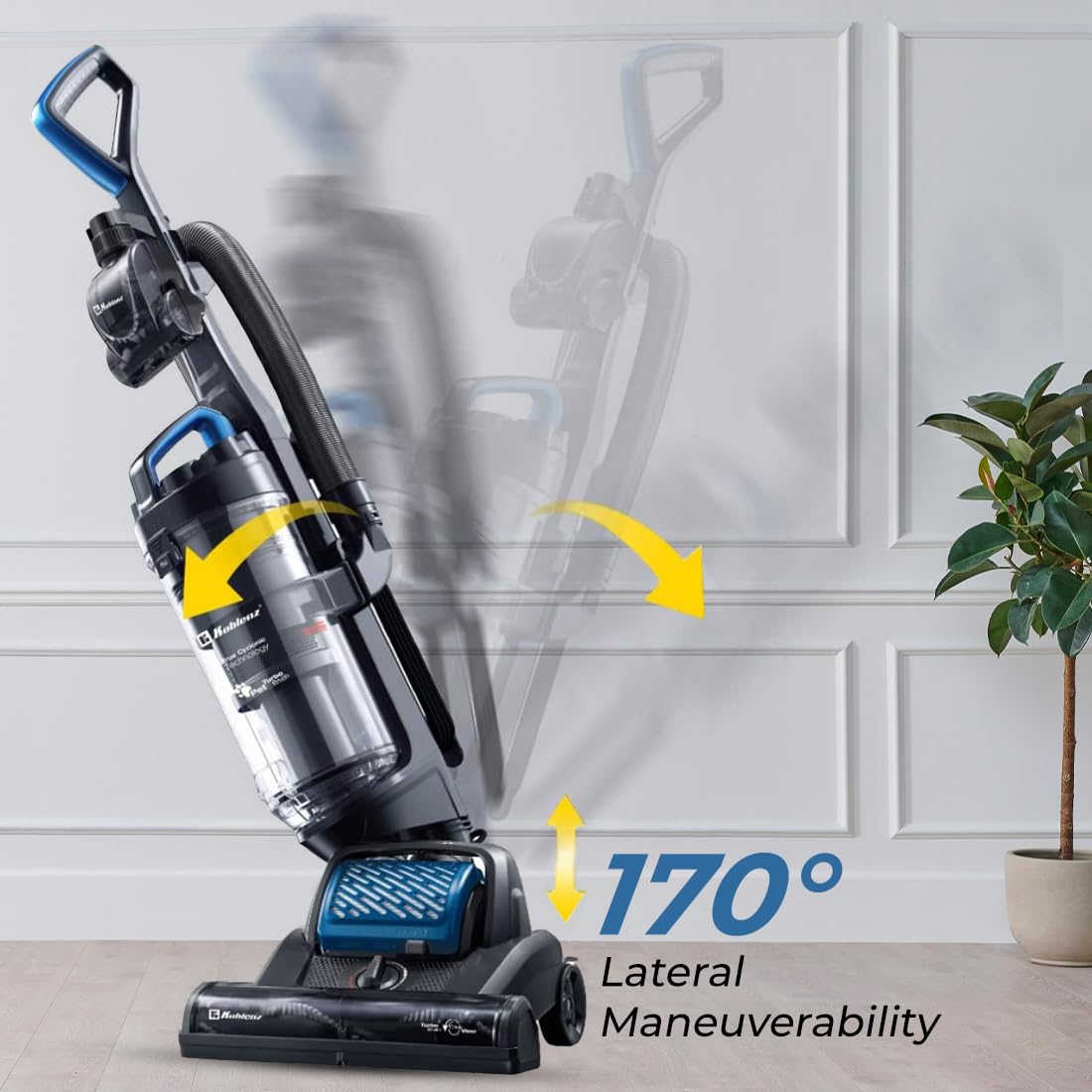Koblenz Barredora de Pisos Titán | Aspiradora Vertical de 1200 W | Ligera, Potente y Silenciosa | Alfombra y Suelo Duro | Filtro HEPA Sin Bolsas | 170° de Movimiento | Color Acero con Azul UMA-1400