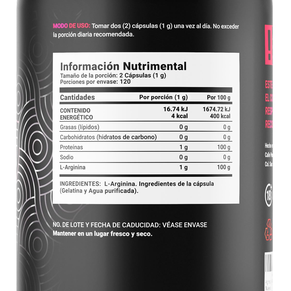 L-Arginina 1000 mg 240 Cápsulas. Ingredientes naturales: L-Arginina. Pure Arginine B Life.
