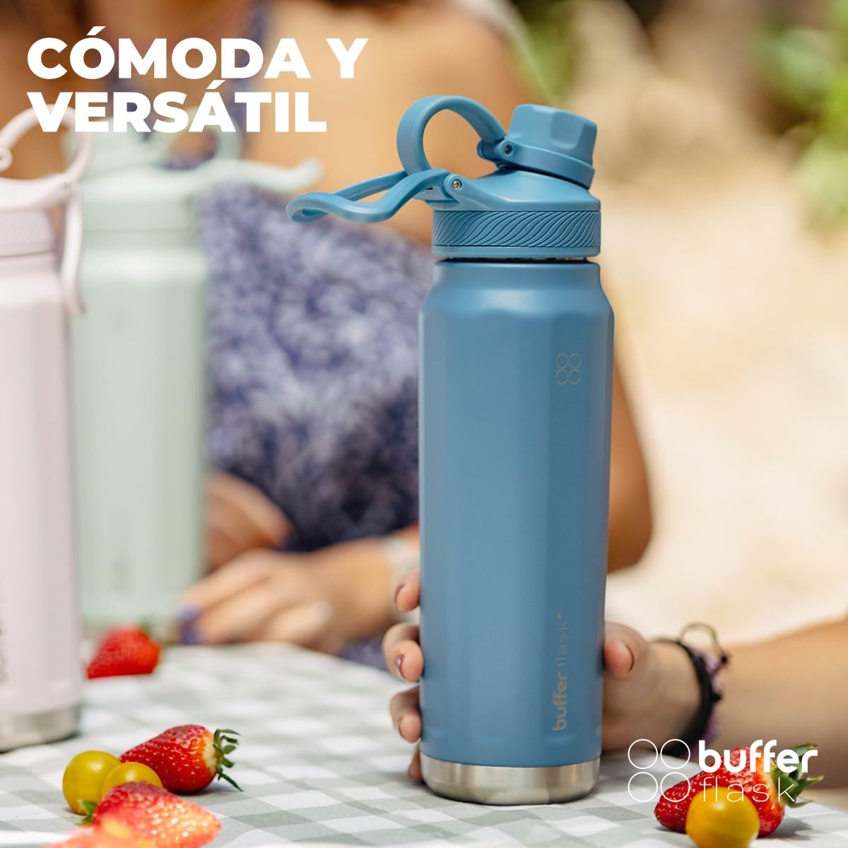 BUFFER FLASK - Termo de Acero Inoxidable | Botella de Agua Aislante, Termos Agua Fría (24 horas) o Caliente (12 horas) | Antigoteo, Hermético | Incluye tapas | 700 ml - 24 Oz| Color Blue Verdi