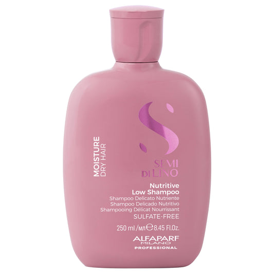 Champú hidratante sin sulfato Alfaparf Milano Semi Di Lino para cabello seco - Nutrición y protección para cabello teñido - Libre de SLS, parabenos y parafina - Calidad profesional de salón - 249 ml