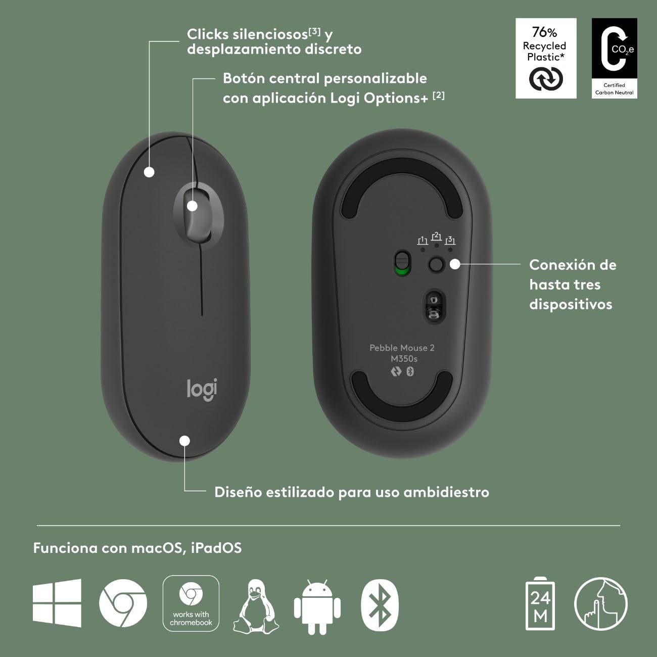 Logitech Pebble Mouse 2 M350s, estilizado Mouse inalámbrico Bluetooth, Ligero, Personalizable, clicks discretos, Easy-Switch, Windows, macOS, iPadOS, Android, ChromeOS - Grafito