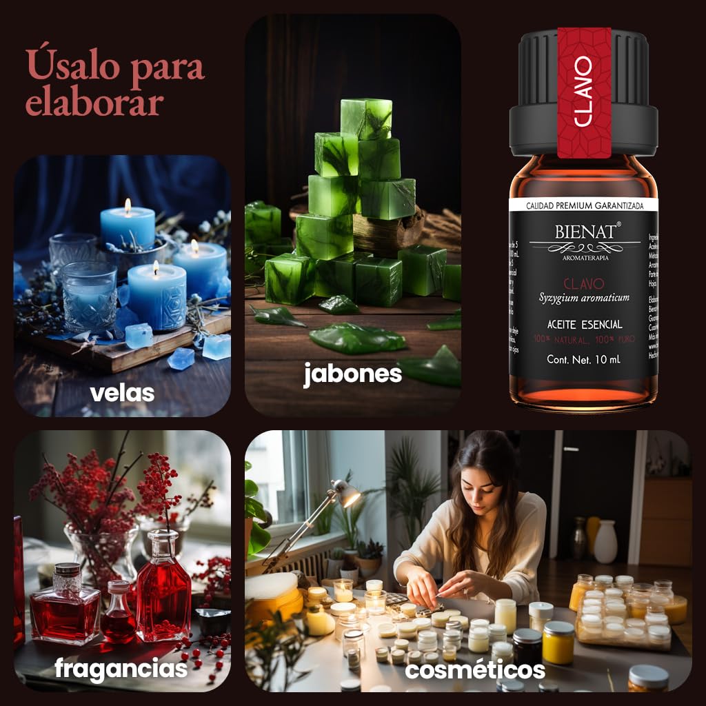 BIENAT AROMATERAPIA Aceite Esencial de Clavo 10mL | 100% Puro y Concentrado | Ideal para Difusor de Aromas, Humidificador, Aromaterapia, Masajes, Meditación, Jabones y Velas | Esencia Natural en Gotas