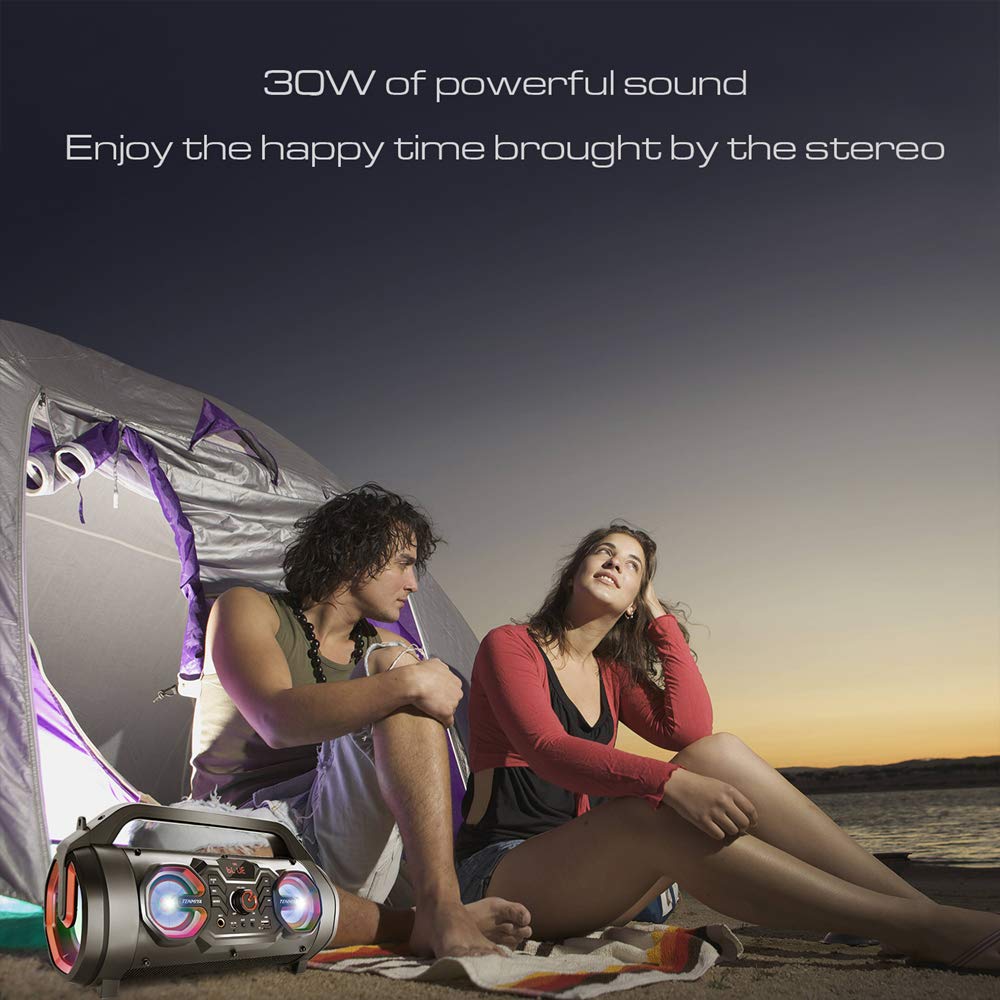 Altavoz Bluetooth portátil con subwoofer, altavoces inalámbricos con graves en auge, radio FM, luces RGB, EQ, sonido estéreo, tiempo de reproducción de 10 horas, altavoz de 30 W para el hogar, al aire