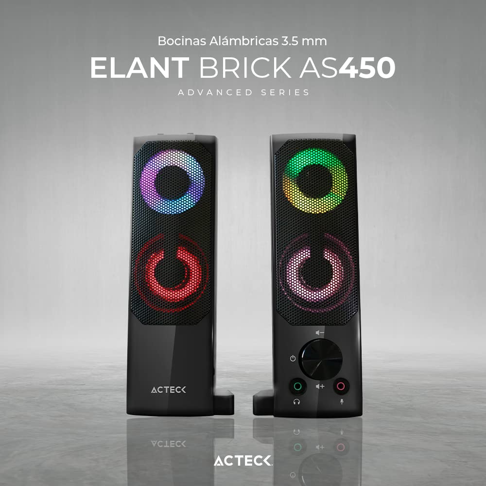 Bocinas Elant Brick AS450 2.0 Ch + Alimentación USB A 2x3W + Conexión 3.5mm + Control de Volumen Negro Advanced Series