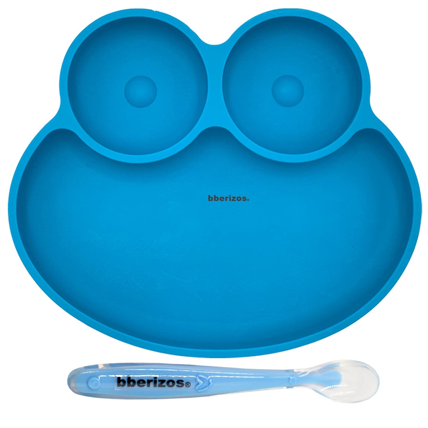 BBERIZOS Plato Antideslizante de Silicon, Cuchara Suave Encías para Bebé, Set Alimentación Complementaria de Silicona, Platos para Bebé con Divisiones, Vajilla para Niños Grado Alimenticio, Charola Silicon Alimentos Sólidos y BLW (Azul)