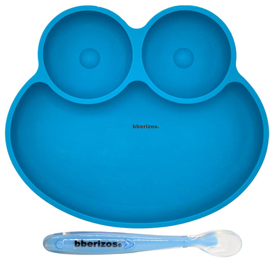 BBERIZOS Plato Antideslizante de Silicon, Cuchara Suave Encías para Bebé, Set Alimentación Complementaria de Silicona, Platos para Bebé con Divisiones, Vajilla para Niños Grado Alimenticio, Charola Silicon Alimentos Sólidos y BLW (Azul)