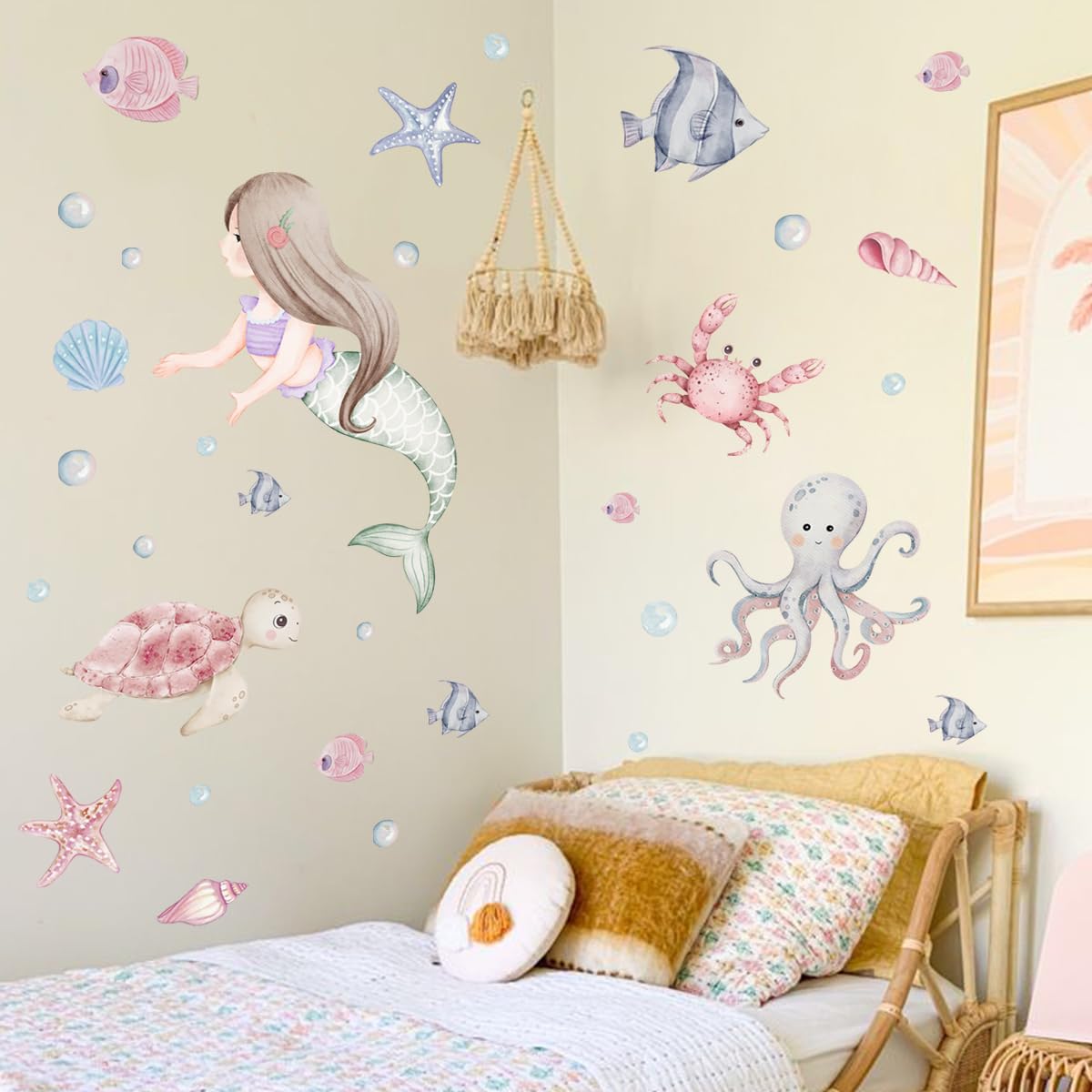 Calcomanías de pared de sirena, calcomanías de pared de animales bajo el mar, calcomanías de pared de sirena para bebés y niñas, calcomanías de pared de tortugas de peces oceánicos, calcomanías de