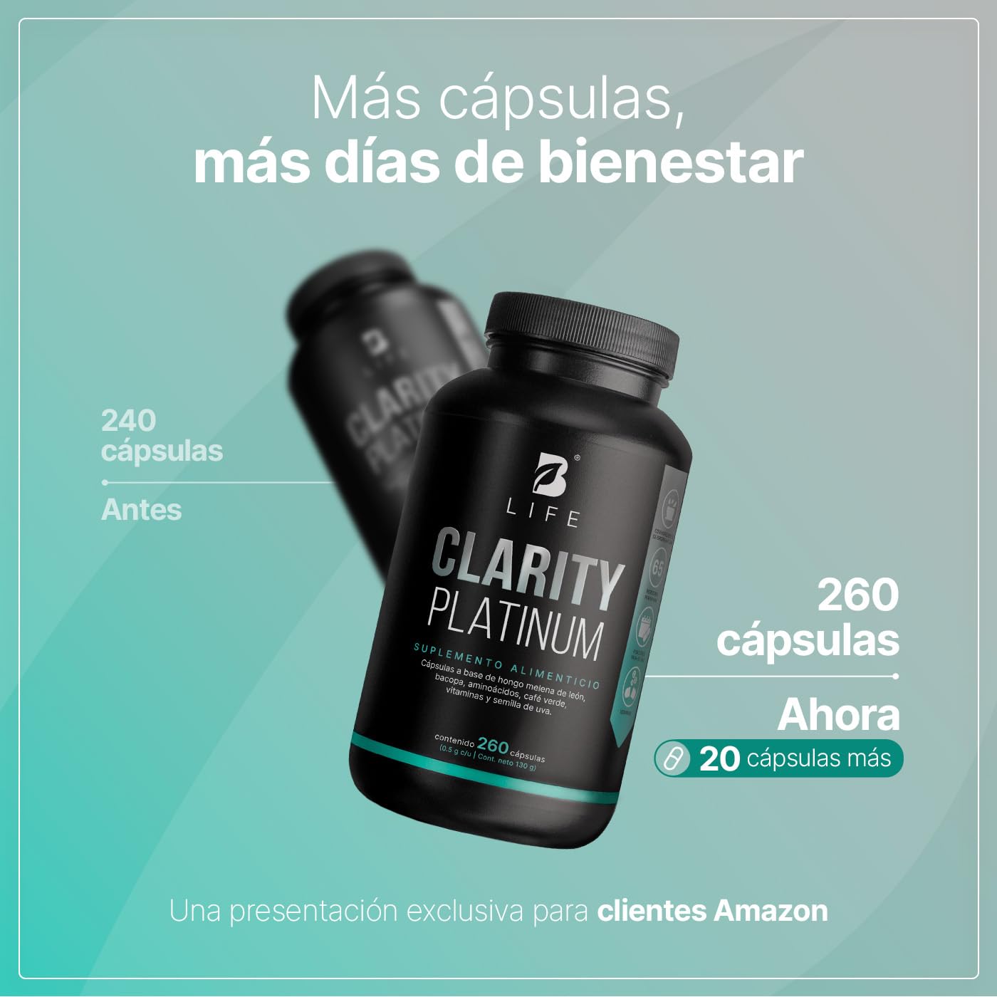 B Life Nootropico Clarity Platinum | 260 Cápsulas | Ingredientes naturales: Hongo Melena de León, Bacopa, Tirosina, Café Verde | Clarity Platinum.