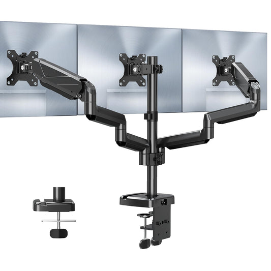 Soporte para Monitor Triple MOUNT PRO Negro con Brazos de Resorte de Gas Ajustables para Tres Pantallas de hasta 27 Pulgadas