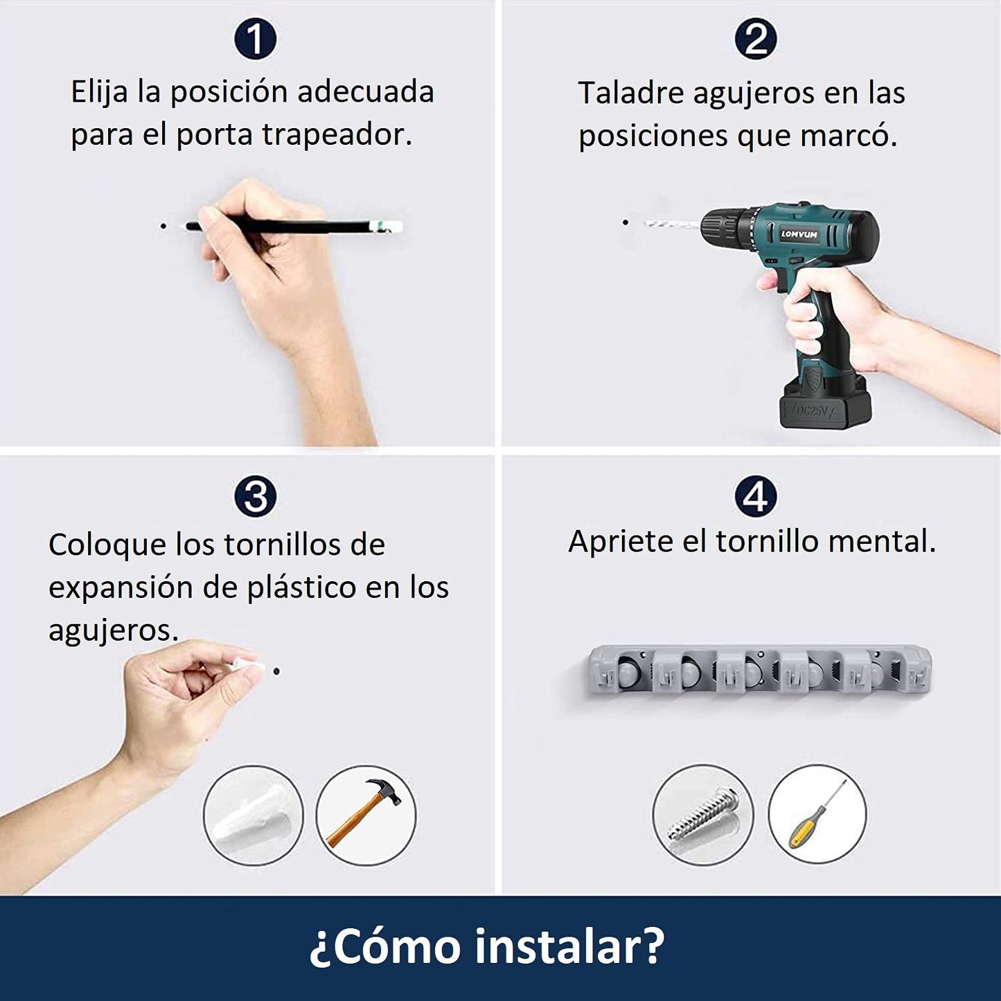 Organizador de Escobas y Trapeadores Blanco para Pared y Closet para Hogar, Baño, Cocina, Garaje y Jardín